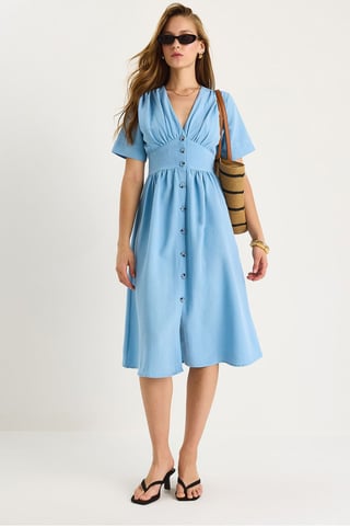 V-neck Buttoned Midi Shirt Dress