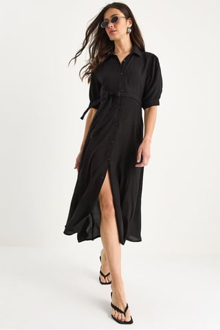 Button Closure Midi Dress with Shirt Collar
