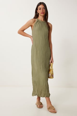 Textured Midi Dress with Halter Collar