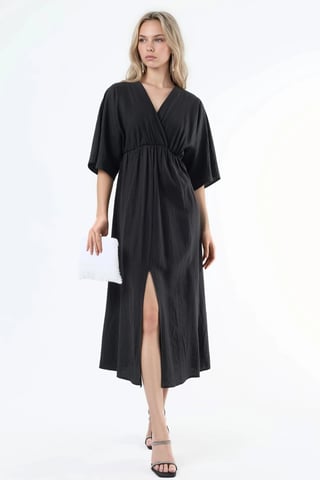 V-Neck Midi Wrap Dress with Three Quarter Sleeves