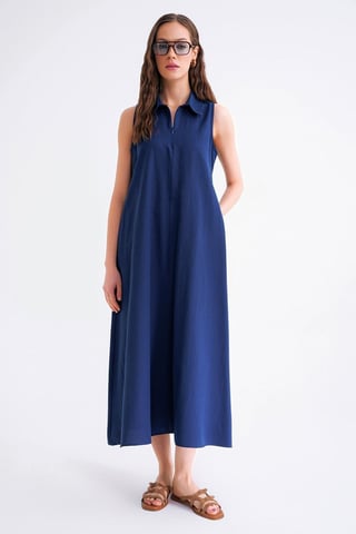 Zip-Front Shirt Collar Midi Dress