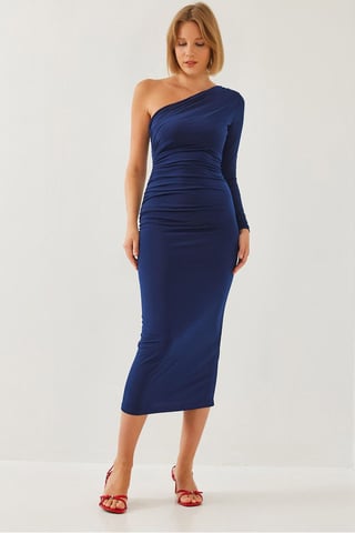 Asymmetrical Collar Ruched Midi Dress