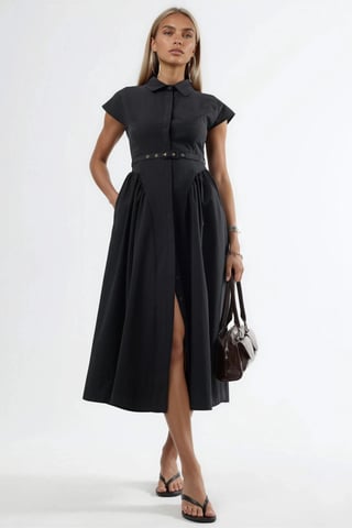 Belted Midi Dress with Shirt Collar