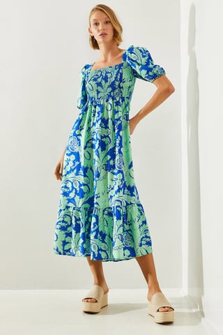 Shirred Midi Dress with Square Collar