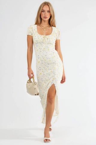 Bloemige U-hals Midi-jurk met Strikdetail