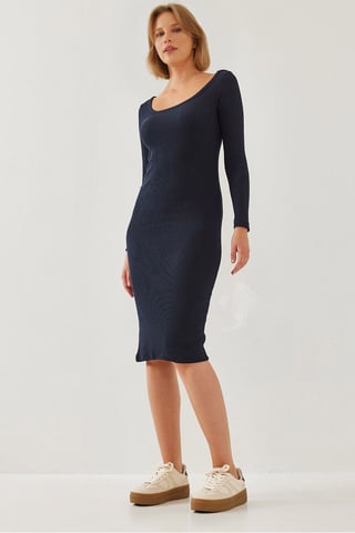 Textured Ribbed Midi Dress with Square Collar
