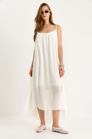Solid Spaghetti Strap Muslin Midi Dress with Sheer Hem