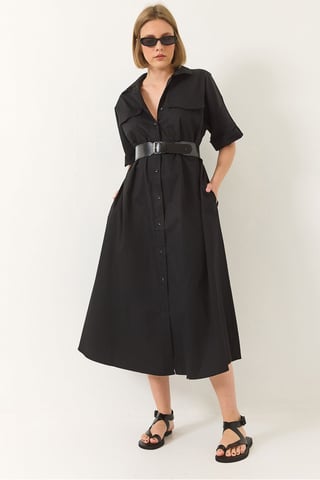 Midi Dress with Shirt Collar and Button Closure