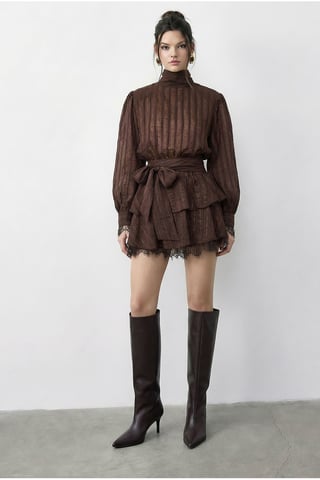 Textured Mini Dress with Half Turtleneck and Lace Detail