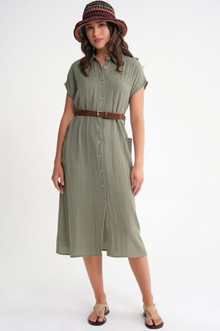 Midi Dress with Belt Detail and Buttoned Collar
