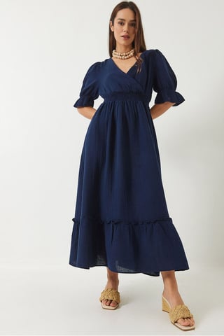 V-Neck Textured Midi Dress with Elastic Detail