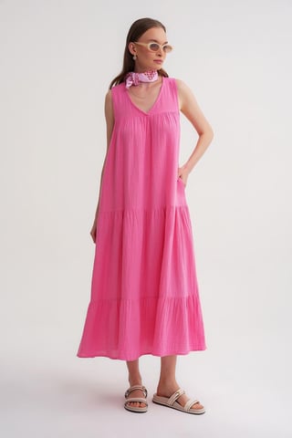 Sleeveless V-Neck Muslin Midi Dress with Pockets