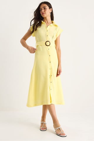 Textured Cotton Midi Dress with Shirt Collar