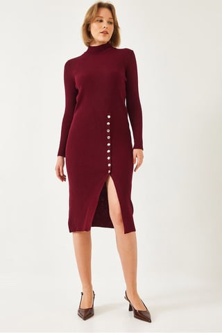 Ribbad Texturerad Turtleneck Midi Stickad Klänning