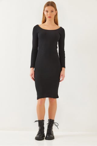 Textured Ribbed Midi Dress with Square Collar