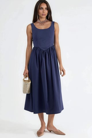 Square Collar Midi Dress with Bow Detail