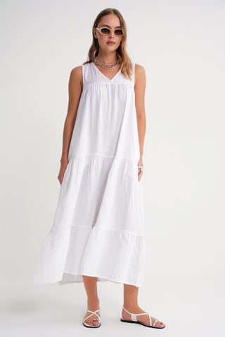 Sleeveless V-Neck Muslin Midi Dress with Pockets