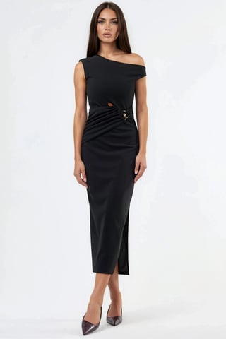 Asymmetrical Collar Midi Dress with Accessory Details