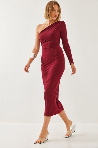 Asymmetrical Collar Ruched Midi Dress