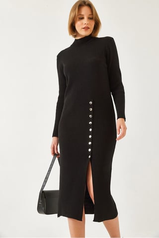 Ribbad Texturerad Turtleneck Midi Stickad Klänning
