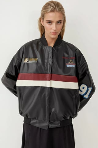 Faux Leather Oversized Bomber Jacket with Patch Details