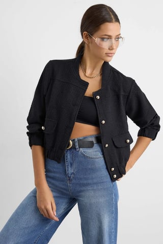 Tweed Rundhalsjacka med fickdetalj