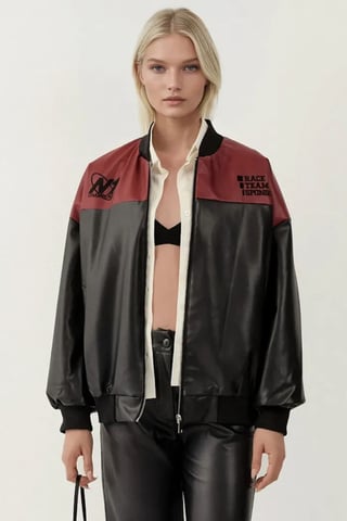 Faux Leather Oversized Bomber Jacket with Patch Details