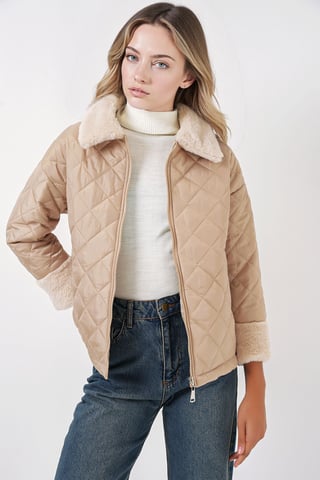 Gestructureerde Jensen Kraag Puff Coat met Nepbont