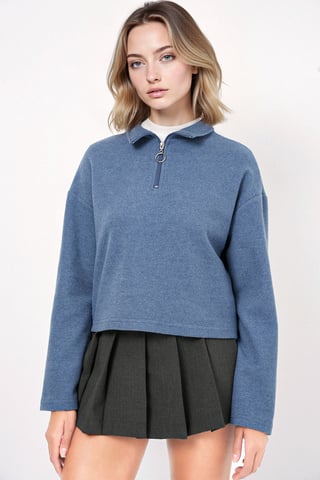 Relaxed Fit Crop Sweater with Zipper Collar