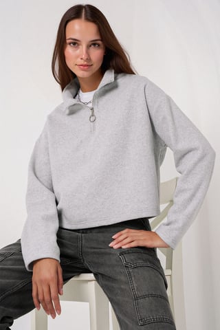 Relaxed Fit Crop Sweater with Zipper Collar