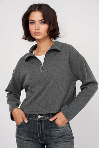 Relaxed Fit Crop Sweater with Zipper Collar