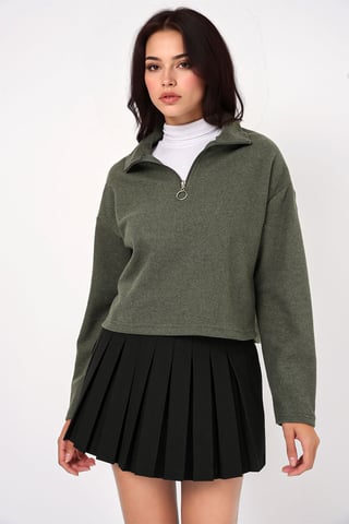 Relaxed Fit Crop Sweater with Zipper Collar