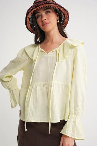 Frilly Shawl Collar Blouse with Tie Closure