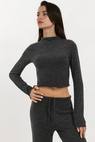 Soft Textured Half Turtleneck Crop Blouse