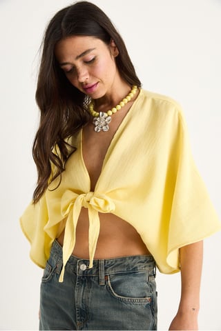 Three Quarter Sleeve V-Neck Crop Blouse with Binding Detail