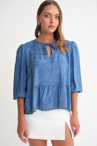 Denim-look Rynkad Ballongärm Blus