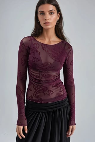 Fitted Long Sleeve Flock Print Tulle Blouse