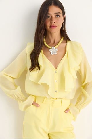 Ruffle Draped V-Neck Long Sleeve Blouse