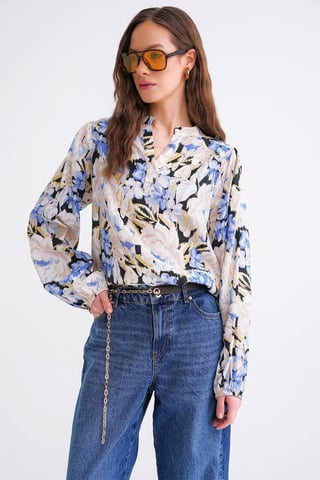 Floral Print Long Sleeve Mandarin Collar Blouse