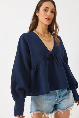 Textured V-neck Crop Blouse with Bow Tie