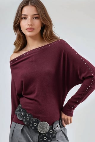 Boat Neck Blouse with Stone Accessory