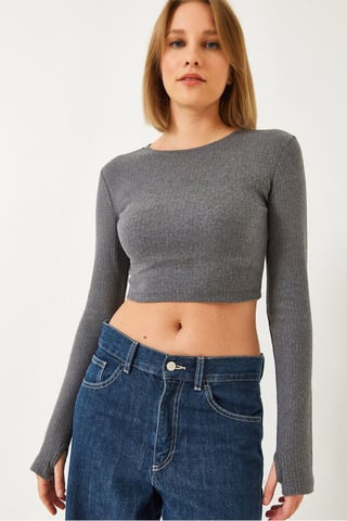 Texturerad Ribbad Kort Blus med Rund Halsringning