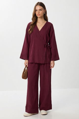 High Waist Wide Leg Pants & V-Neck Tie Detail Blouse Co-ord Set