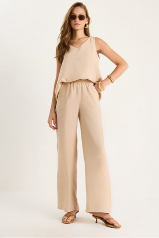V-Neck Cotton Blouse-Pants Two-Piece Set