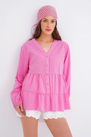 Long Sleeve Tiered V-Neck Blouse