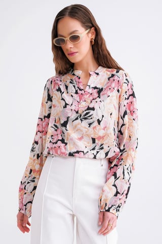 Floral Print Long Sleeve Mandarin Collar Blouse