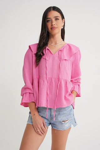 Frilly Shawl Collar Blouse with Tie Closure