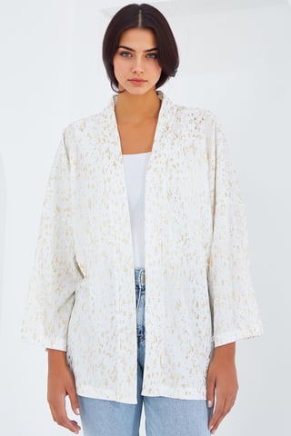 Printed Pompom Trim Shawl Collar Kimono