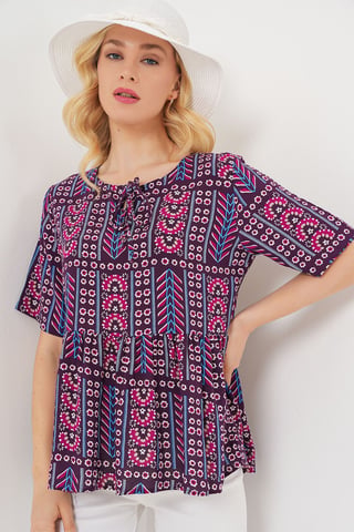 Patterned Crew Neck Blouse with Bow Detail