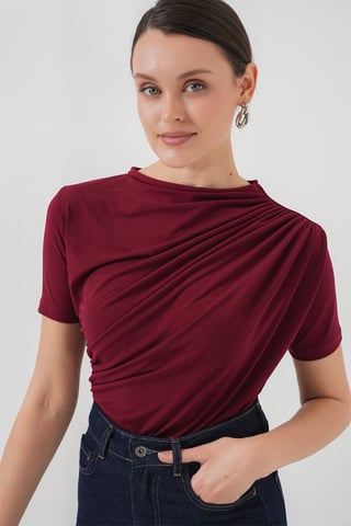 Fitted Ruffle Detail Blouse with Crew Neck